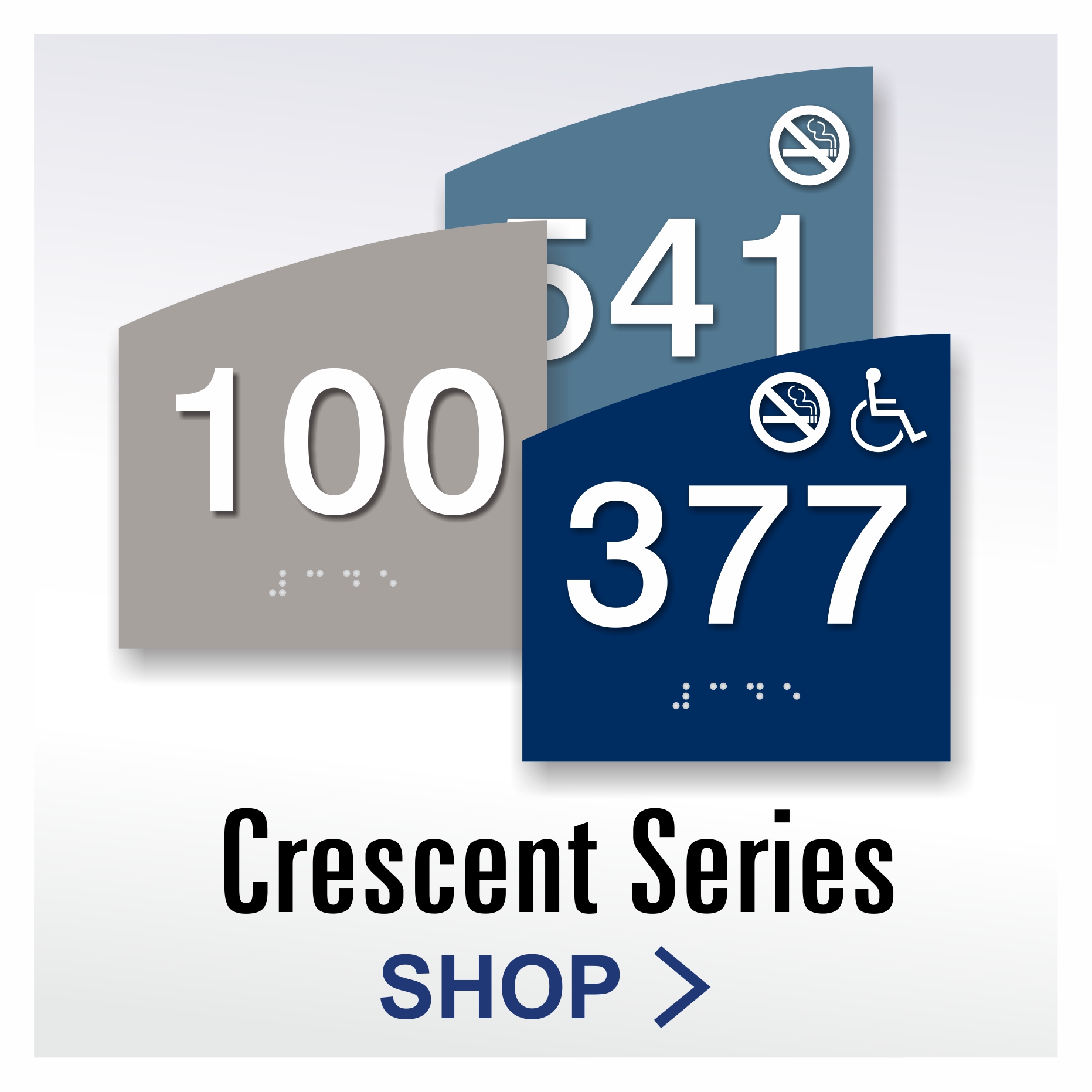 Crescent Series custom tactile room number signs with Braille